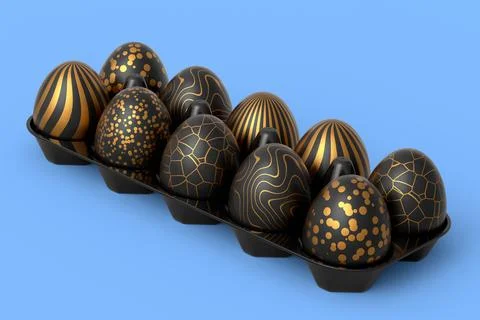 Golden and black Easter eggs in basket or tray and chocolate eggs Stock Illustration