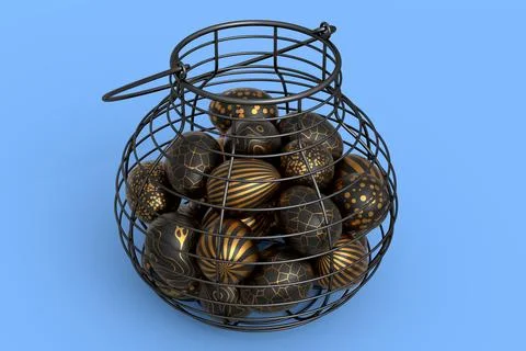 Golden and black Easter eggs in metal wire basket or chocolate eggs Stock Illustration