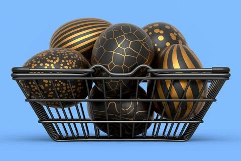 Golden and black Easter eggs in metal wire basket or chocolate eggs Stock Illustration