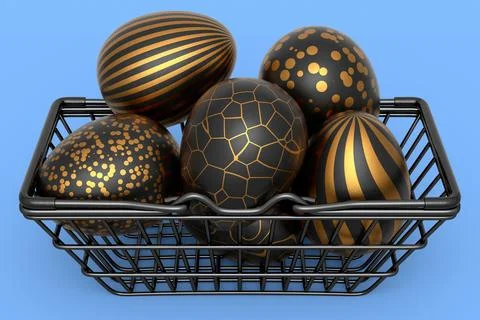 Golden and black Easter eggs in metal wire basket or chocolate eggs イラスト素材