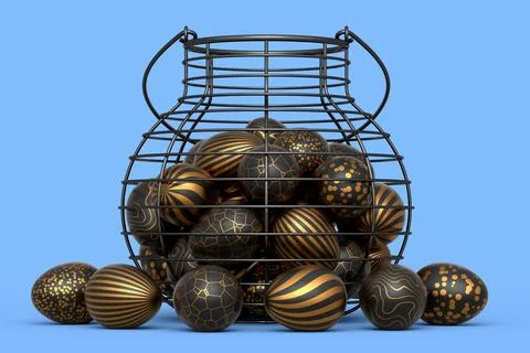 Golden and black Easter eggs in metal wire basket or chocolate eggs Stock Illustration