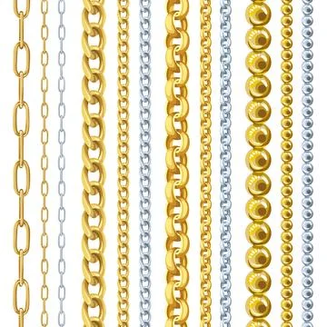 Golden and silver chains set isolated on white background for print design Stock Illustration