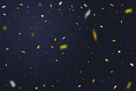Golden and silver confetti falling isolated on dark blue background. Annivers Stockillustratie
