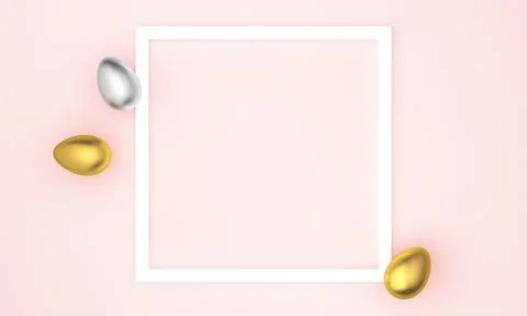 Golden and silver Easter eggs on pink pastel background, white frame with space Stock Illustration