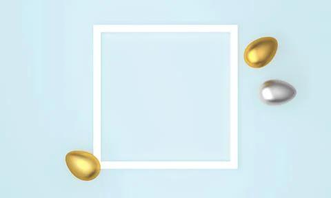 Golden and silver Easter eggs on blue pastel background, white frame with space Stock Illustration