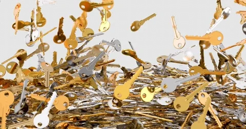 Golden and silver keys falling and fill the screen. 3D animation on transpa.. Stock Footage 303020012