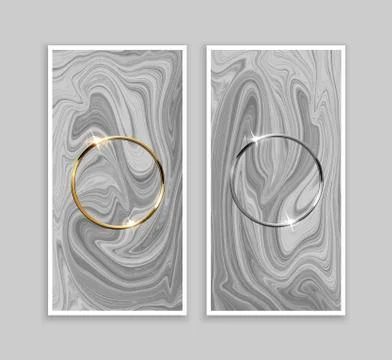 Golden and silver ring frames on gray marble or liquid background. Vector design Stockillustratie