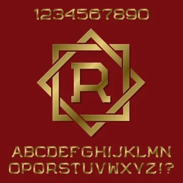 Golden angular letters and numbers with initial monogram in octagonal frame. Stock Illustration