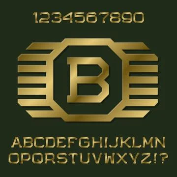 Golden angular letters and numbers with initial monogram in winged frame. Illustrazione stock