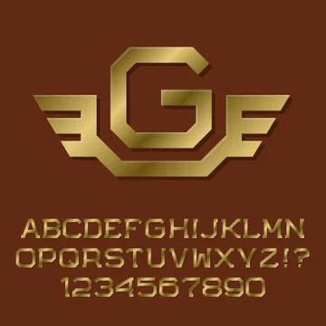 Golden angular letters and numbers with initial monogram with wings. Stock Illustration