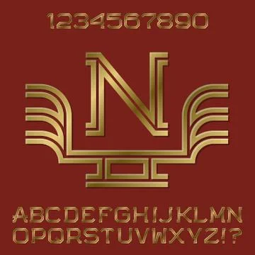 Golden angular letters and numbers of two stripes. Monogram with wings. Stock Illustration