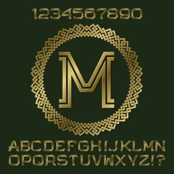 Golden angular letters and numbers of two stripes. Monogram in frame Stock Illustration