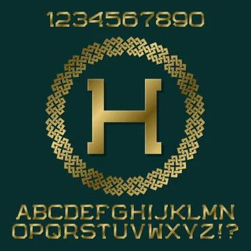Golden angular letters and numbers with initial monogram in decorative frame Stock Illustration