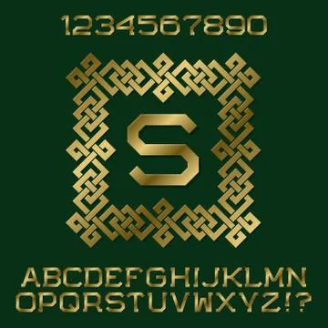 Golden angular letters and numbers with initial monogram in decorative frame Stock Illustration