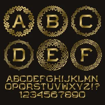 Golden angular monogram kit. Gold letters and round plexus stripes frames Stock Illustration