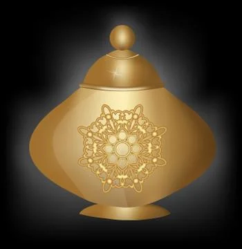 Golden antique container with cap and filigree decoration on black glowing Stock Illustration