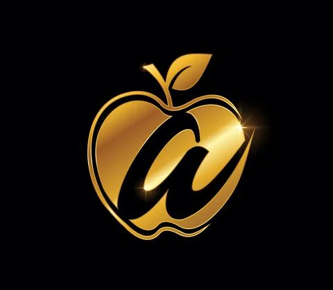 Golden Apple and Leaf MOnogram Initial Letter A Stock Illustration