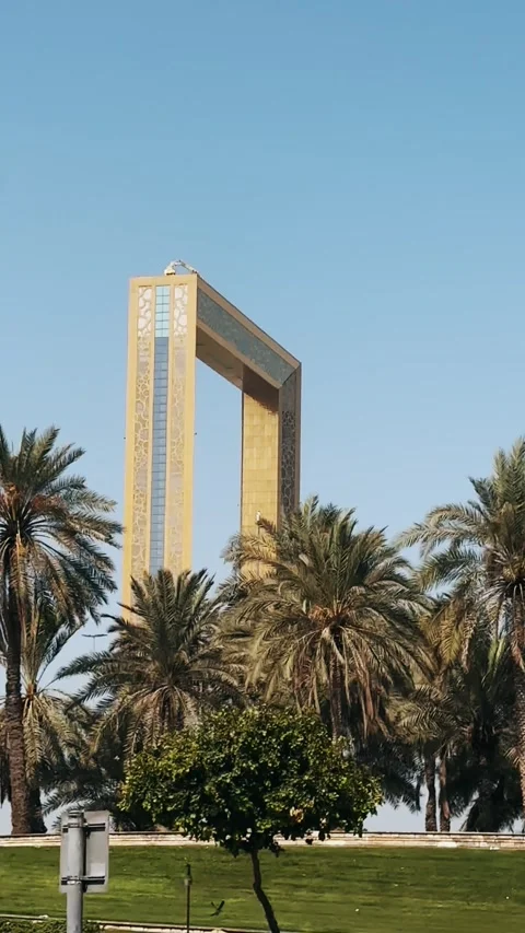 Golden architectural frame surrounded by lush palm trees in a sunny park, ver Stock Footage 329002999