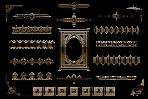 Golden art deco decorative elements set. Frames, dividers and borders collection Stock Illustration