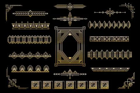 Golden art deco decorative elements set. Frames, dividers and borders collection Stock Illustration