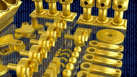 Golden Automotive Engine Parts With Binary Code 3d render. Illustration
