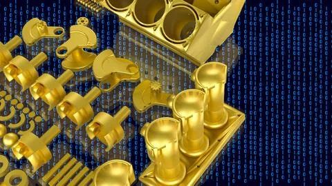 Golden Automotive Engine Parts With Binary Code 3d render. Stock Illustration