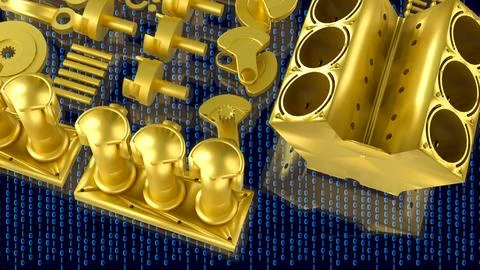 Golden Automotive Engine Parts With Binary Code 3d render. Ilustración de archivo