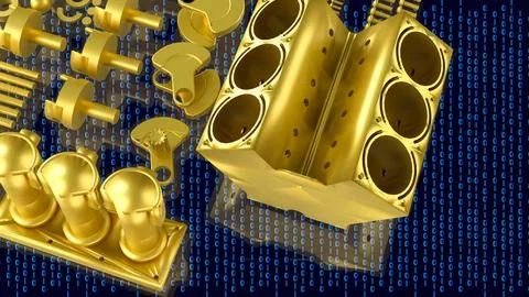 Golden Automotive Engine Parts With Binary Code 3d render. Ilustración de archivo