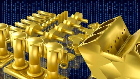 Golden Automotive Engine Parts With Binary Code 3d render. Ilustración de archivo