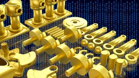 Golden Automotive Engine Parts With Binary Code 3d render. Stock Illustration