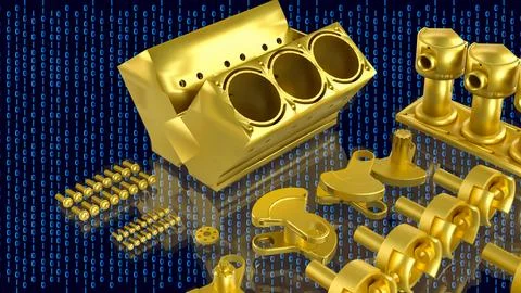 Golden Automotive Engine Parts With Binary Code 3d render. 库存照片