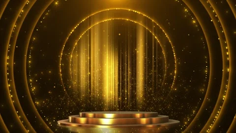Golden award stage background circular rings, glowing platform, light rays, spar Stock Footage 340452164