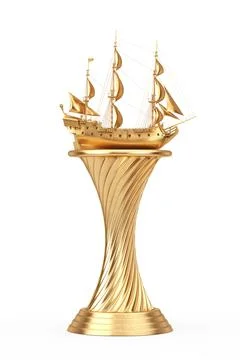 Golden Award Trophy Vintage Tall Sailing Ship, Caravel, Pirate Ship or Warshi Stock Illustration