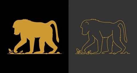 Golden baboon monkey walking silhouette vector graphic design element Stock Illustration