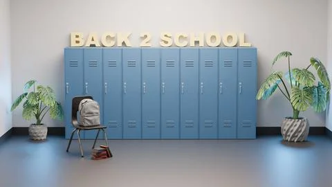 Golden Back 2 School text above lockers with student items in hallway Ilustração Stock