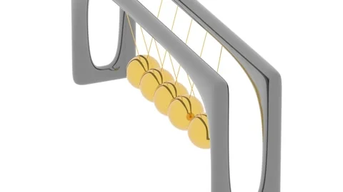 The golden balls of Newton's pendulum swing, reflecting their base. Side view Stock Footage 153084720