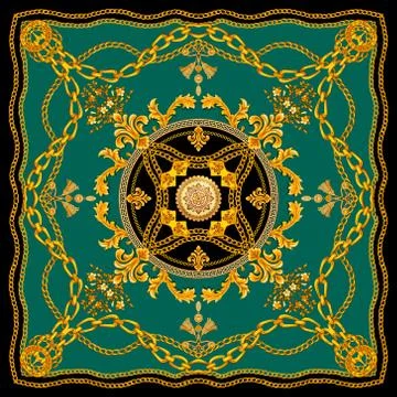 Golden Baroque with Chains on Blue Background. Versace Style Pattern Ready for T Stock Illustration