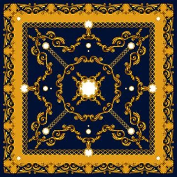 Golden Baroque with Chains on Dark Blue and Yellow Background. Ready for Textile Stock Illustration