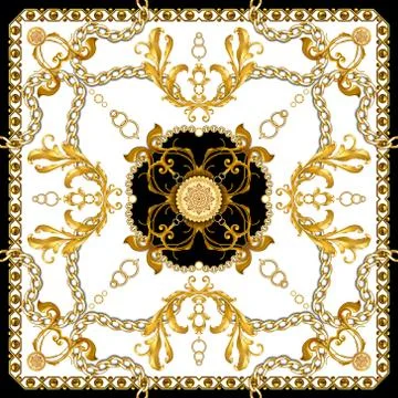 Golden Baroque with Chains on White Background. Ready for Textile Prints. Silk S Stock Illustration