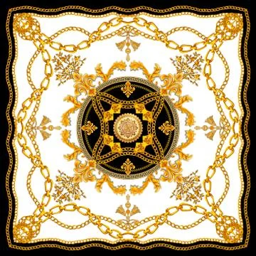Golden Baroque with Chains on White Background. Versace Style Pattern Ready for Stock Illustration