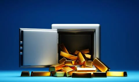 Golden bars fall out the open safe box Ilustración de archivo