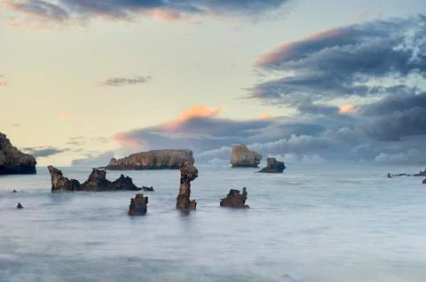 Golden beach at sunset Ris, Noja, Cantabria, Spain Stock-Fotos