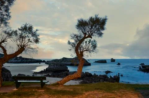 Golden beach at sunset Ris, Noja, Cantabria, Spain 스톡 사진