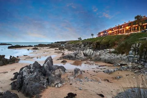 Golden beach at sunset Ris, Noja, Cantabria, Spain Stock Photos