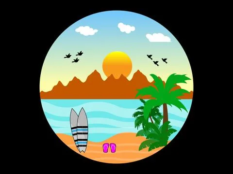 Golden Beach Sunset Vector. Palm Tree Silhouette, Sea, Ocean, Summer Vacation Stock Illustration