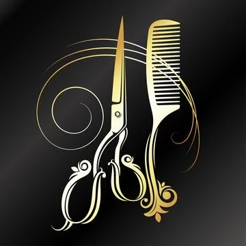 Golden beautiful patterned scissors and comb Illustrazione stock
