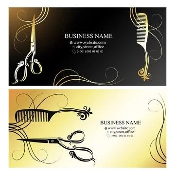 Golden beautiful scissors comb and lock of hair, business card Stock Illustration