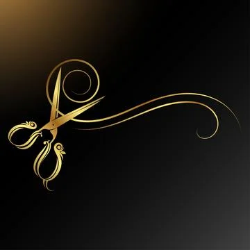 Golden beautiful scissors with a pattern and hair curls Stock Illustration