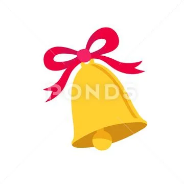 Golden bell with red bow. Vector flat illustration isolated on a white ...