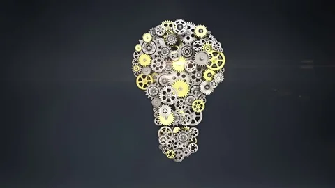 Golden big gears gathered idea bulb shape animation. Stock Footage